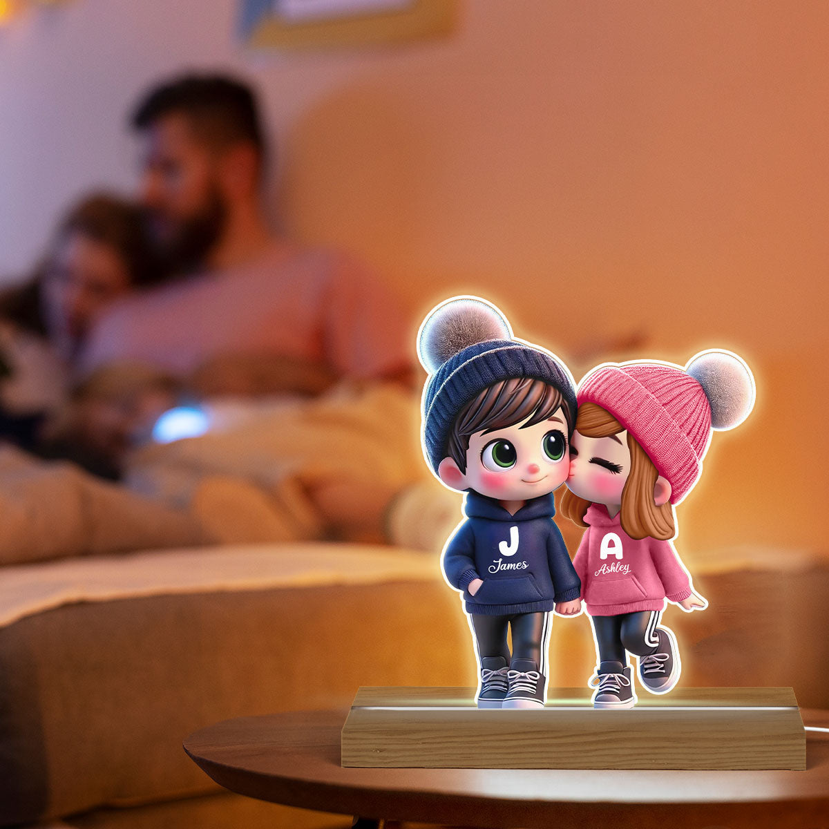 3D Effect Cute Cartoon Couple Walking Personalized Custom Shaped LED Night Light, Gift for Him, Gift for Her