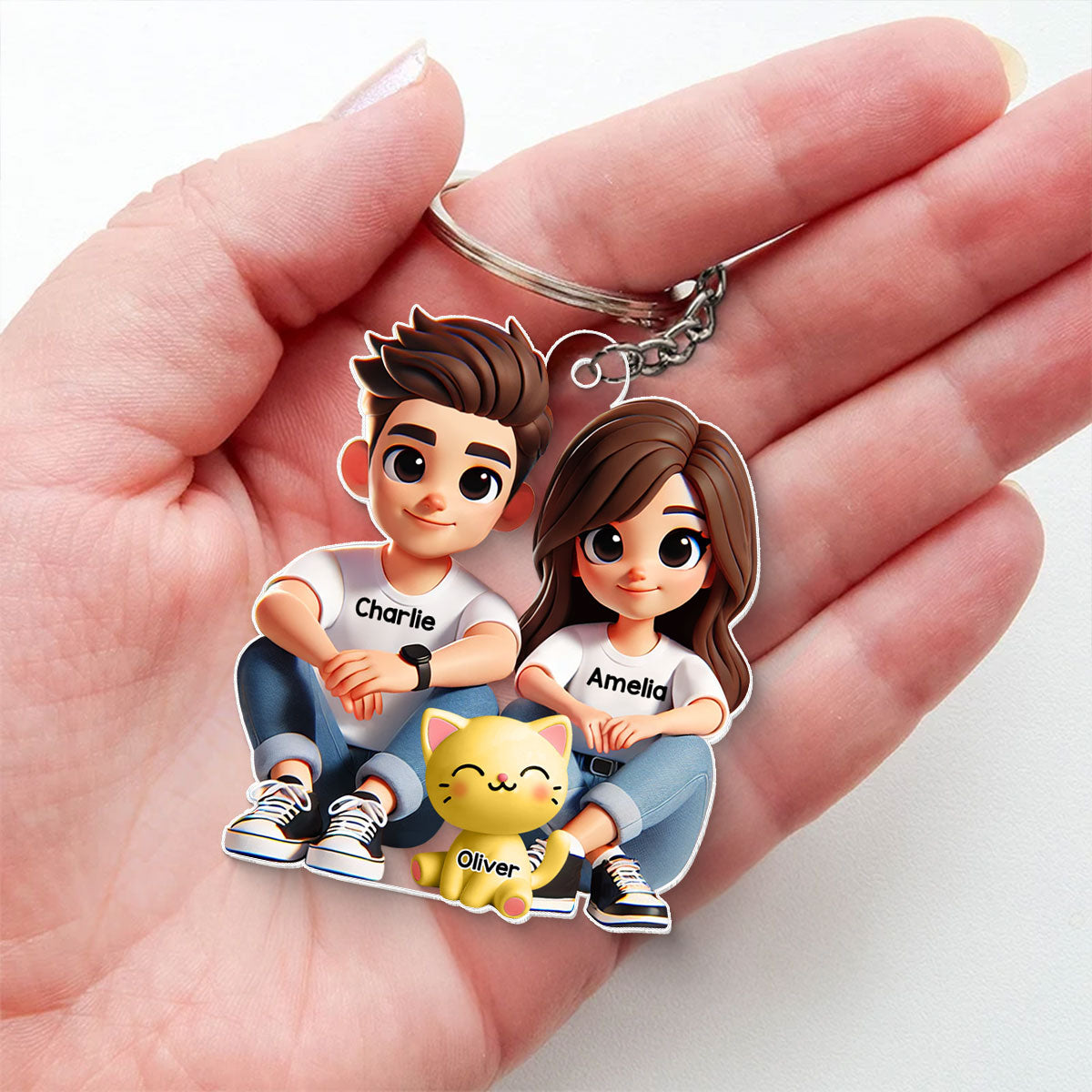 3D Effect Cute Couple And Dogs Cats Sitting Personalized Acrylic Keychain, Anniversary Gift, gift