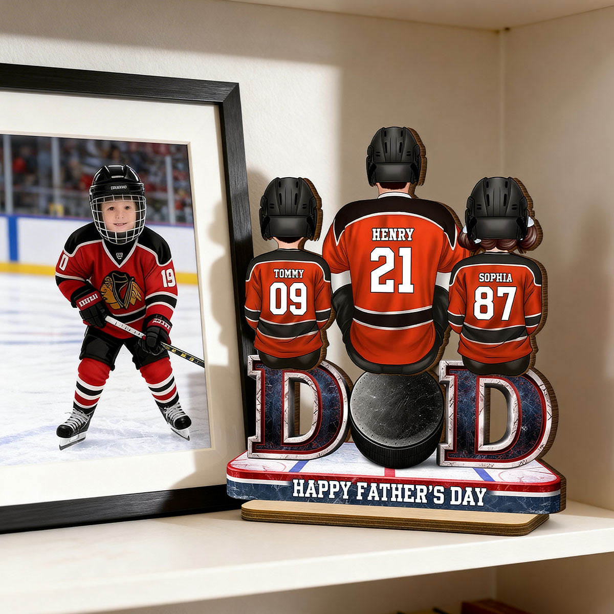 Hockey Dad And Kids Sitting Together - Personalized 2-Layered Wooden Plaque - Gift, Gift For Hockey Dad, Gift For Husband