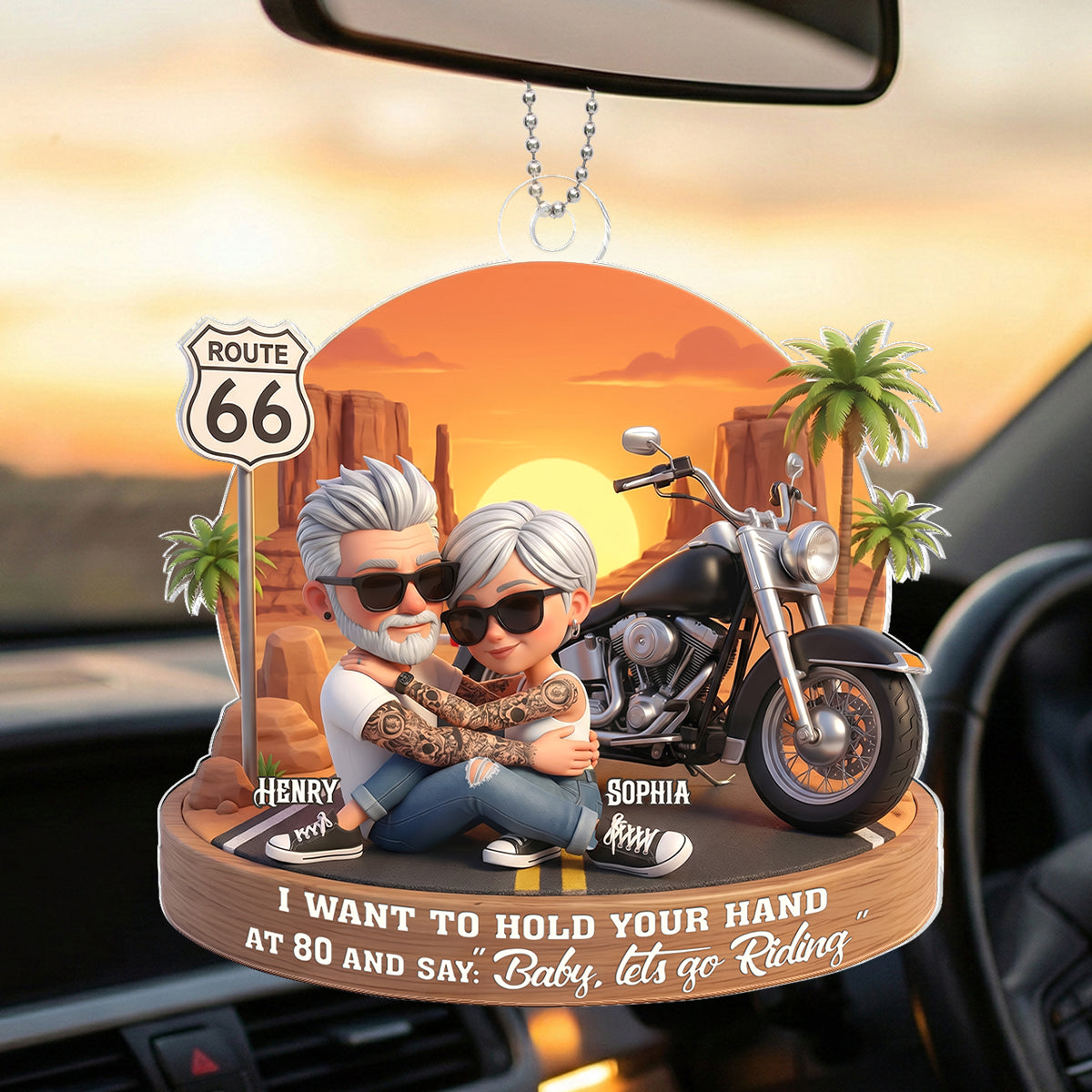 3D Effect Old Couple Baby Let's Go Riding - Personalized Acrylic Car Hanger - Sentimental Gift for him, for her