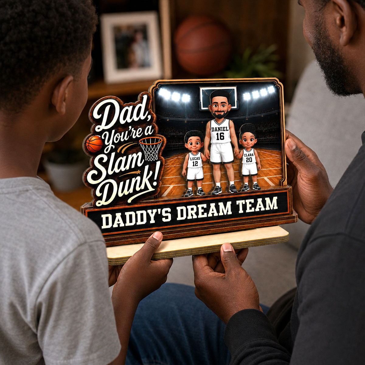 Dad You Are A Slam Dunk Basketball Man & Kids 2D Flat - Personalized 2-Layered Wooden Plaque - Gift For Basketball Dad