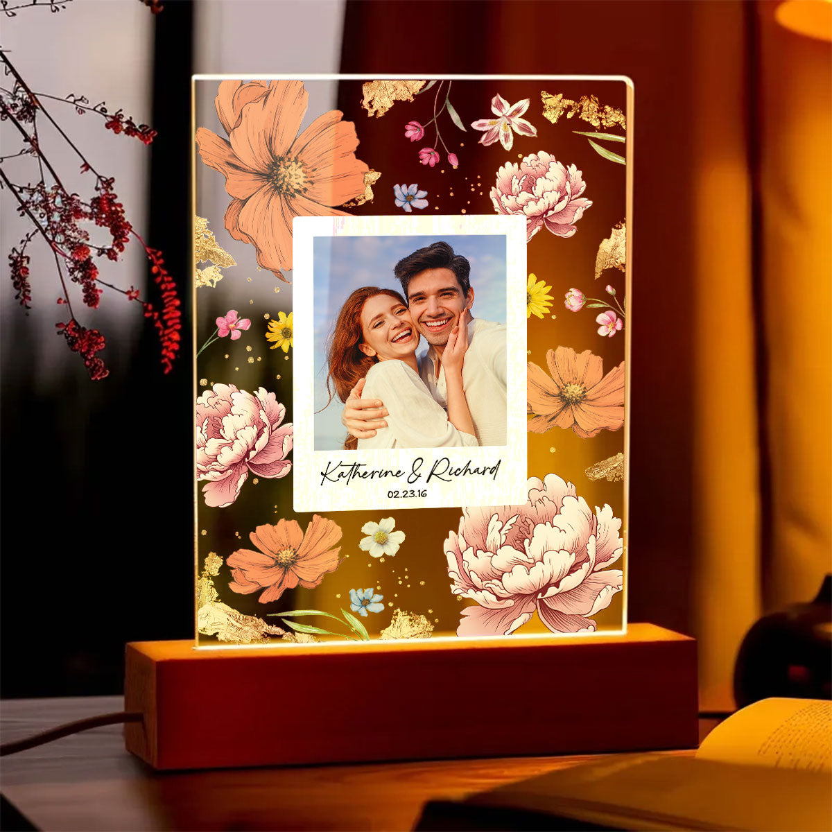Couple Upload Photo Birth Month Flowers Personalized Acrylic LED Night Light, Anniversary Gift, Gift