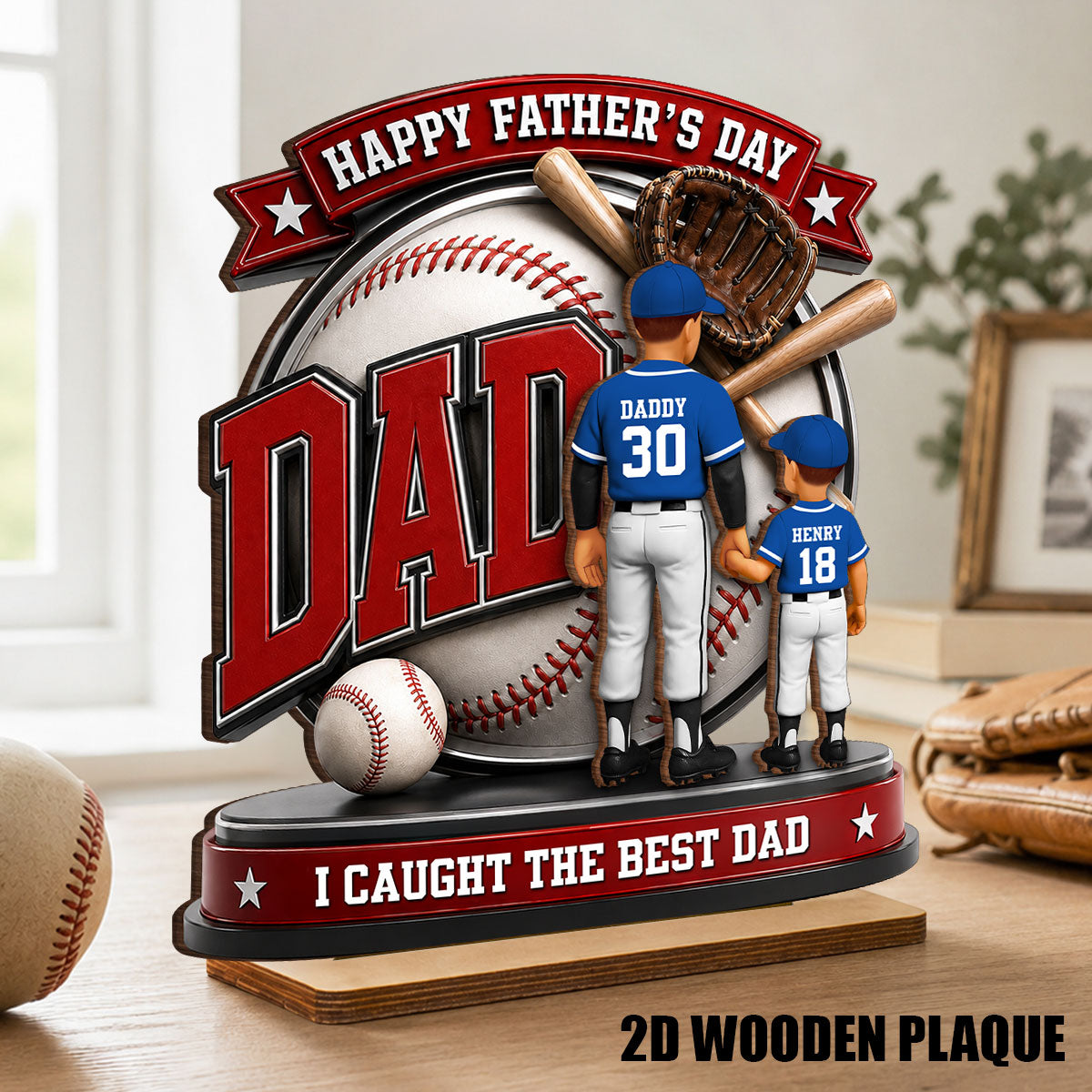Baseball Dad Home Run Hero - Personalized 2-Layered Wooden Plaque - Gift For Dad, Husband