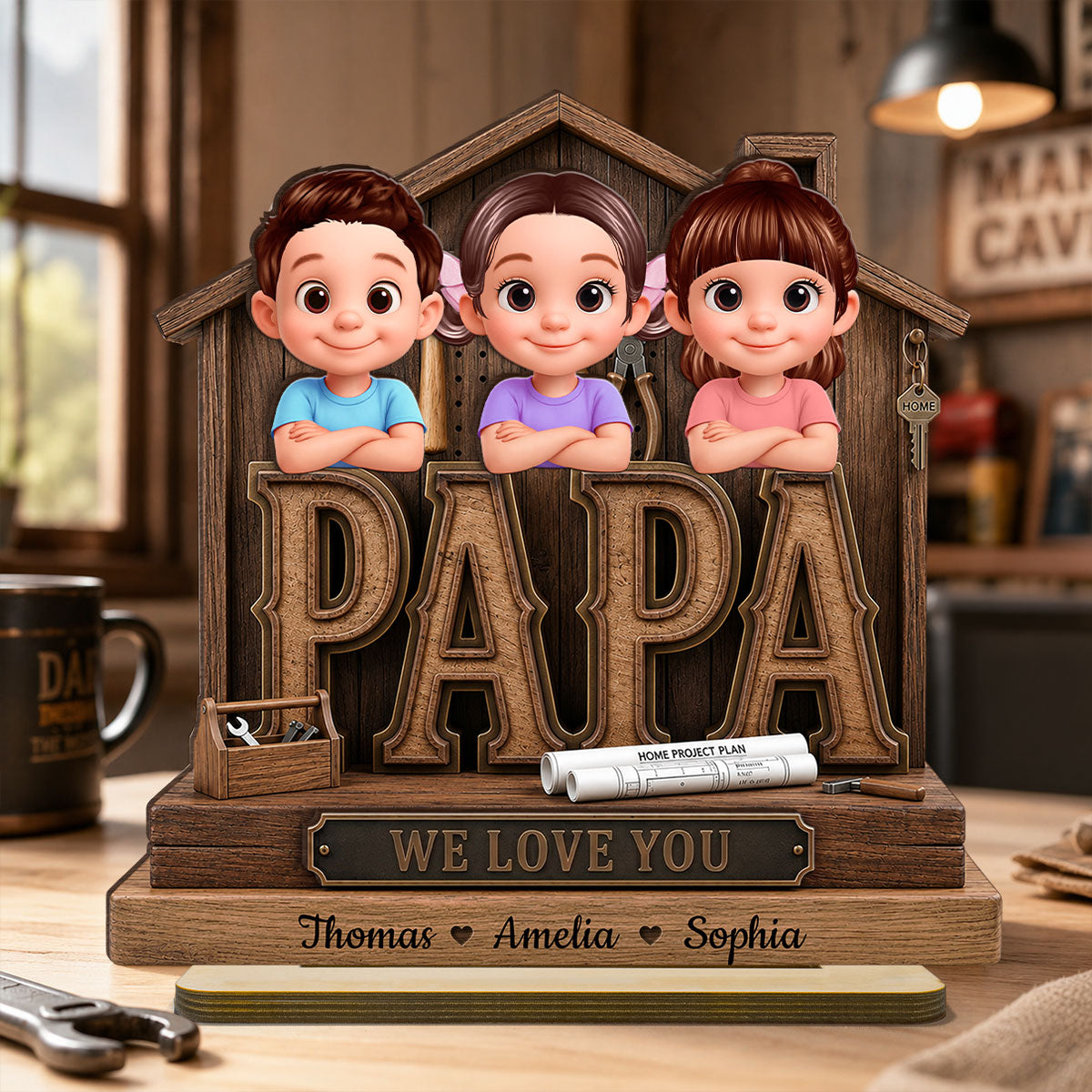 Papa Home Tools We Love You - Personalized 2-Layered Wooden Plaque - Gift for Grandpa, Dad