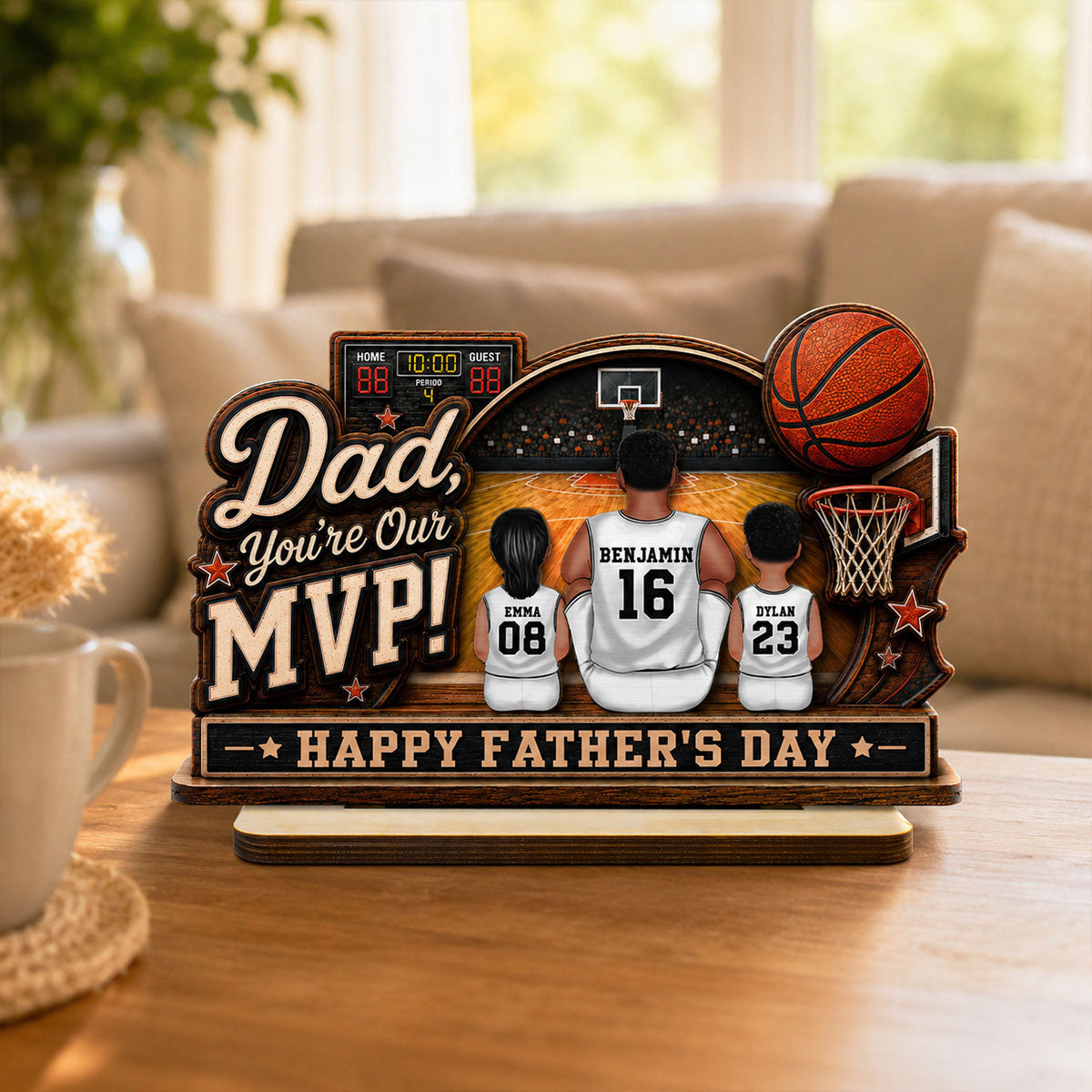 Dad You Are Our MVP Sitting Basketball Man & Kids 2D Flat - Personalized 2-Layered Wooden Plaque - Gift For Basketball Dad