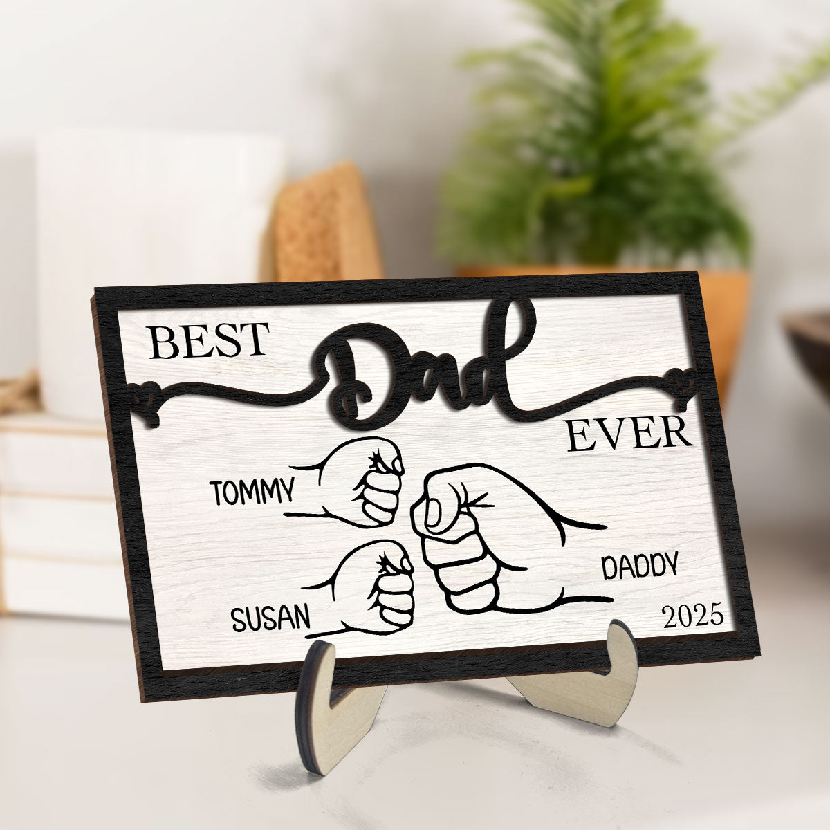 Personalized Gift, Fist Bump Dad and Kids 2-Layer Wooden Plaque