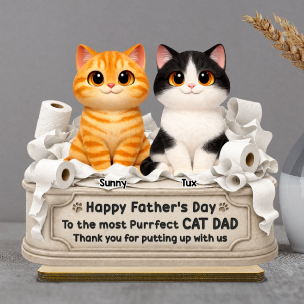 Toilet Papers Cute Fluffy Cats Happy Thanks For Putting Up With Us - Personalized 2-Layered Wooden Plaque - Funny Gift For Cat Dad, Cat Lovers
