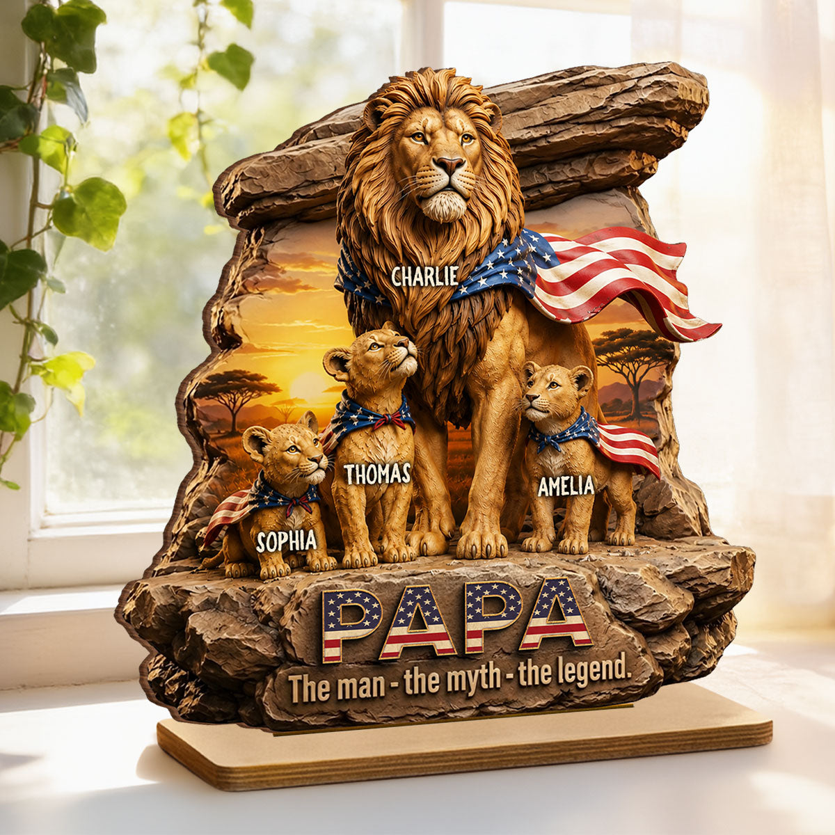 Lion Dad Papa the Legend - Personalized 2-Layered Wooden Plaque - Gift for Dad, Husband