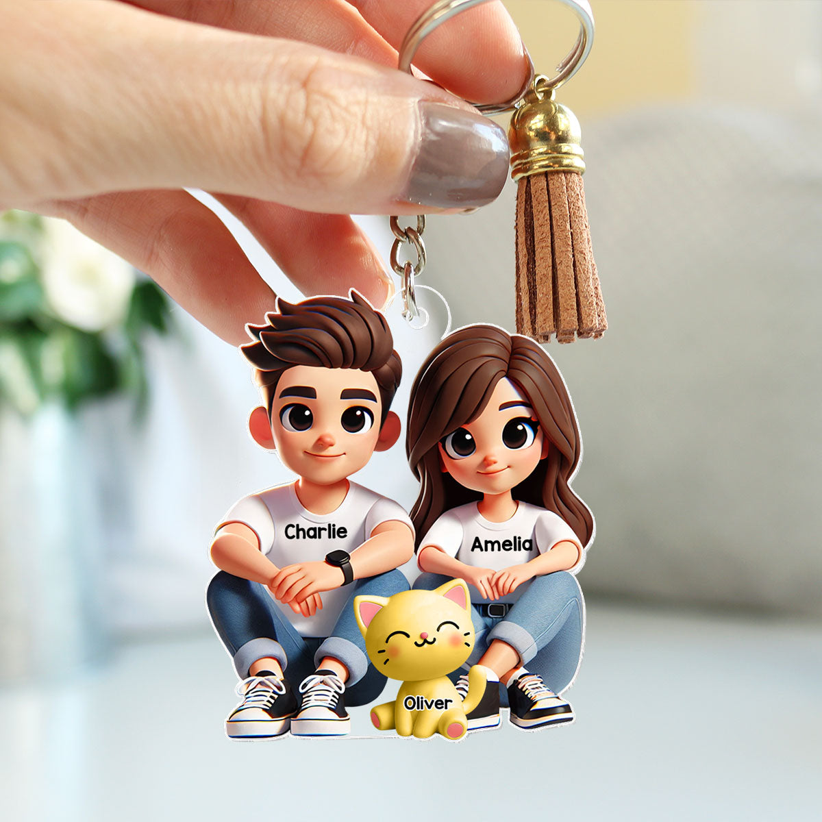 3D Effect Cute Couple And Dogs Cats Sitting Personalized Acrylic Keychain, Anniversary Gift, gift