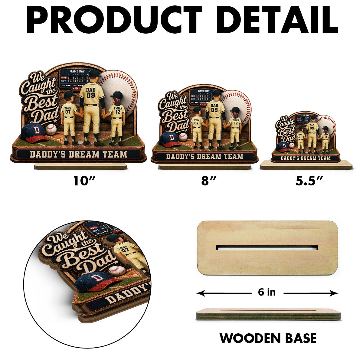 Baseball Things Dad & Kids Back View Standing 2D Flat - Personalized 2-Layered Wooden Plaque - Happy For Baseball Dad