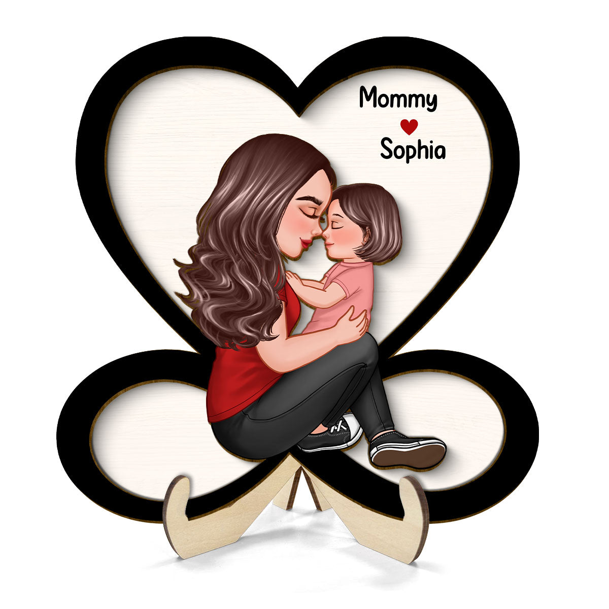 Grandma Mom Holding Kid Sitting On Heart Infinity Personalized 2-layer Wooden Plaque