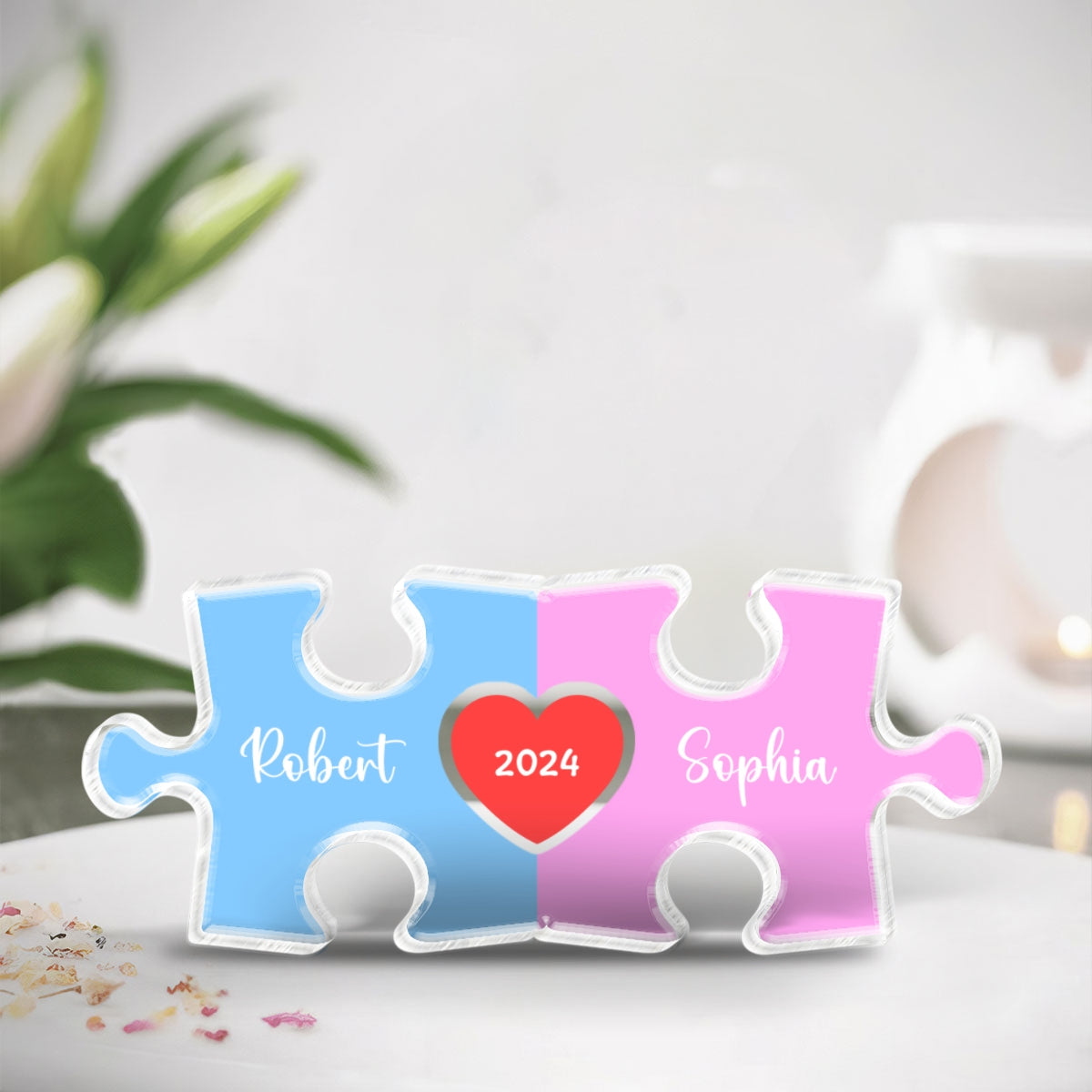 Love Is The Piece That Holds Us Together Acrylic Block Plaque, Personalize Couple Puzzle Name Sign, Gift For Him, For Her, Wedding Gift