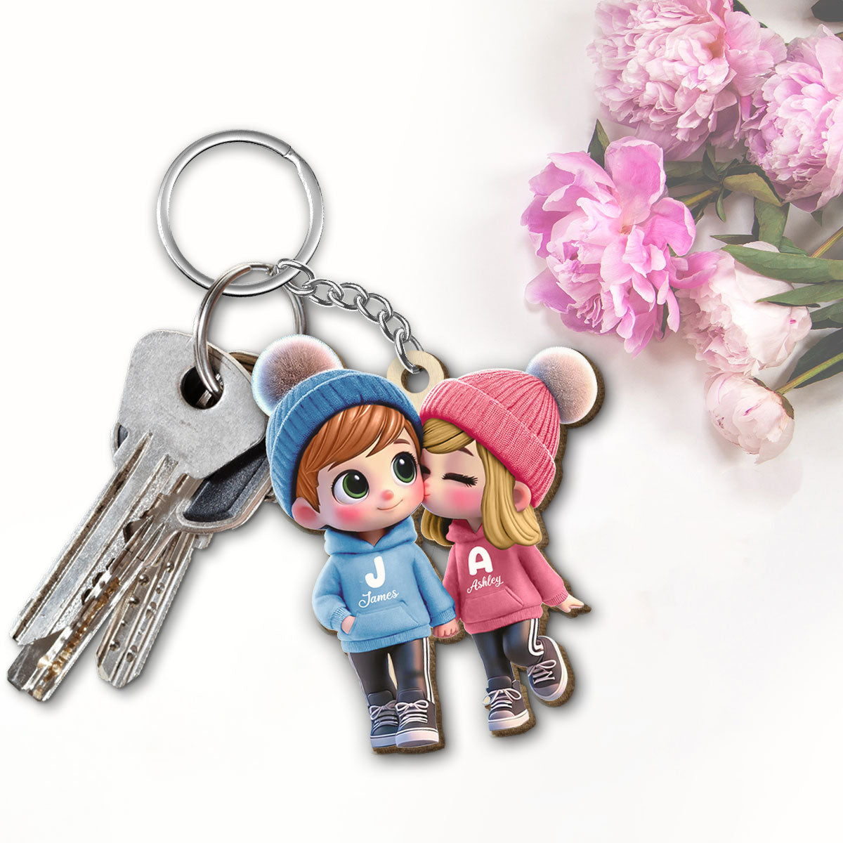 3D Effect Cute Cartoon Couple Walking Personalized Wooden Keychain, Gift for Him, Gift for Her