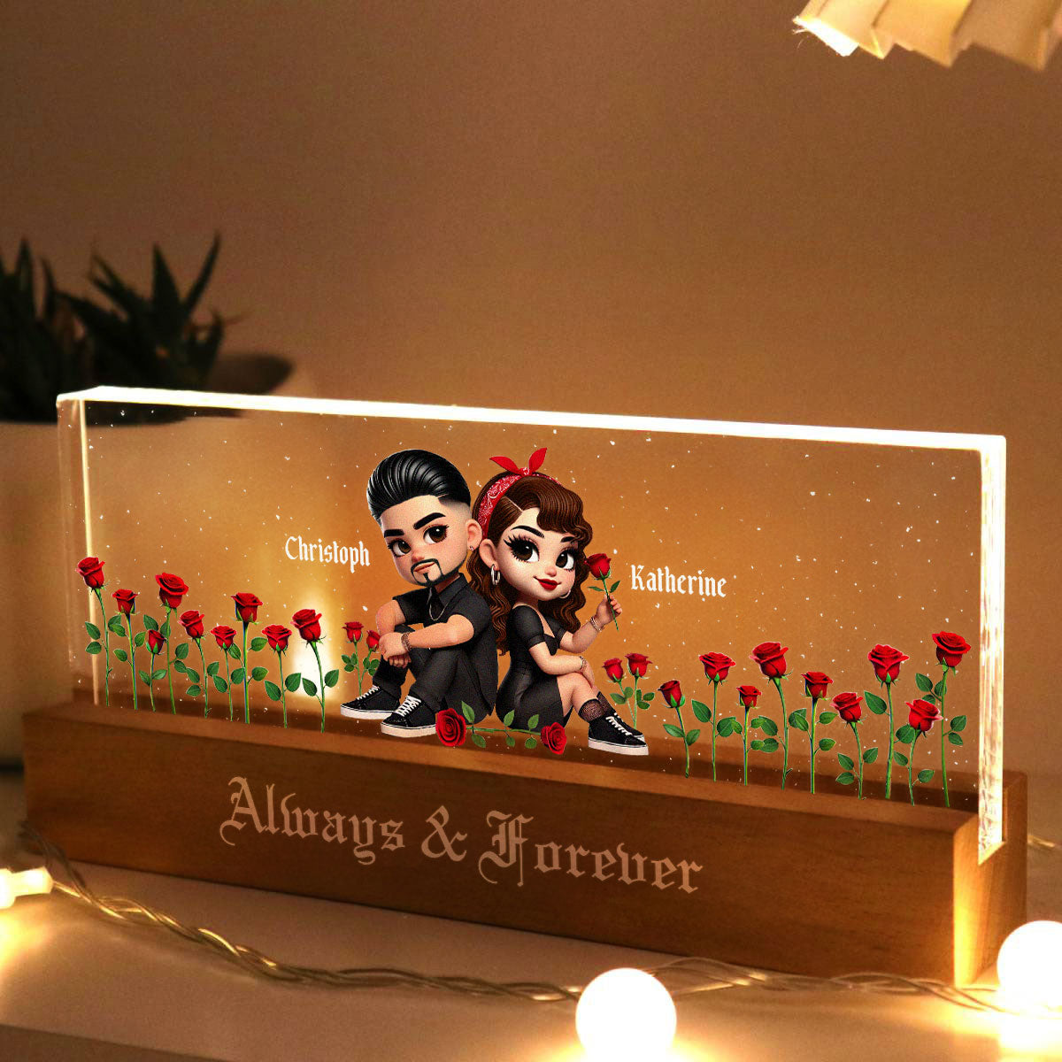 Pretty Couple Roses Heart Together Since Personalized Acrylic Block LED Night Light, Gift, Anniversary Gift for Couples