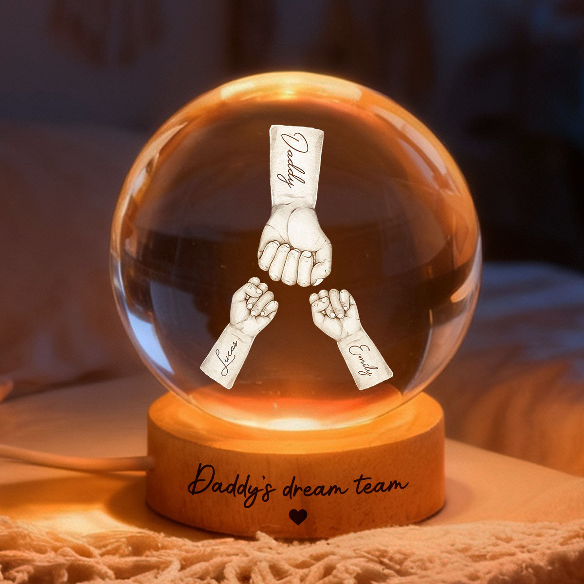 Daddy's Dream Team - Personalized Crystal Ball LED Night Light - Gift for Dad, Husband
