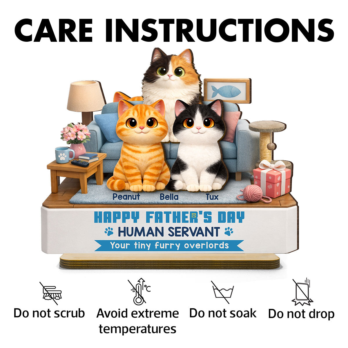 Cat Dad Cute Fluffy Cats Happy Human Servant - Personalized 2-Layered Wooden Plaque - Funny Gift For Cat Dad, Cat Lovers