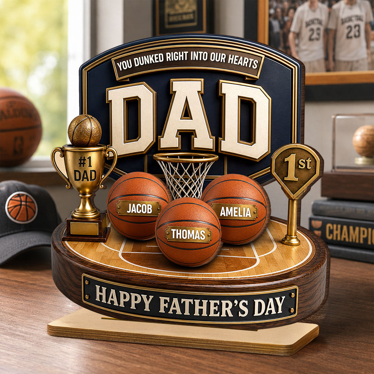 Basketball Trophy You Dunked Right Into Our Hearts - Personalized 2-Layered Wooden Plaque - Gift For Dad, Husband
