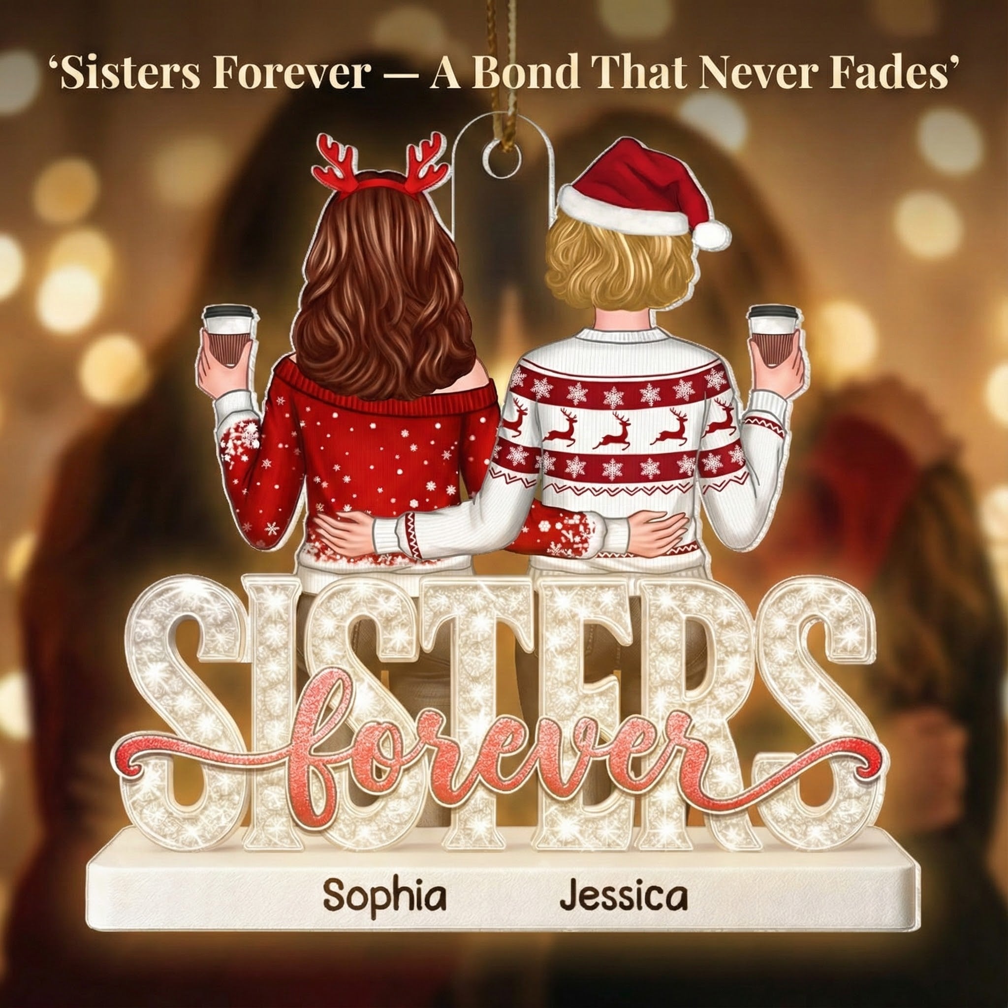 Sisters Forever Pattern Crystal - Personalized Acrylic Ornament - Heartwarming Christmas Gift For Sisters, Besties