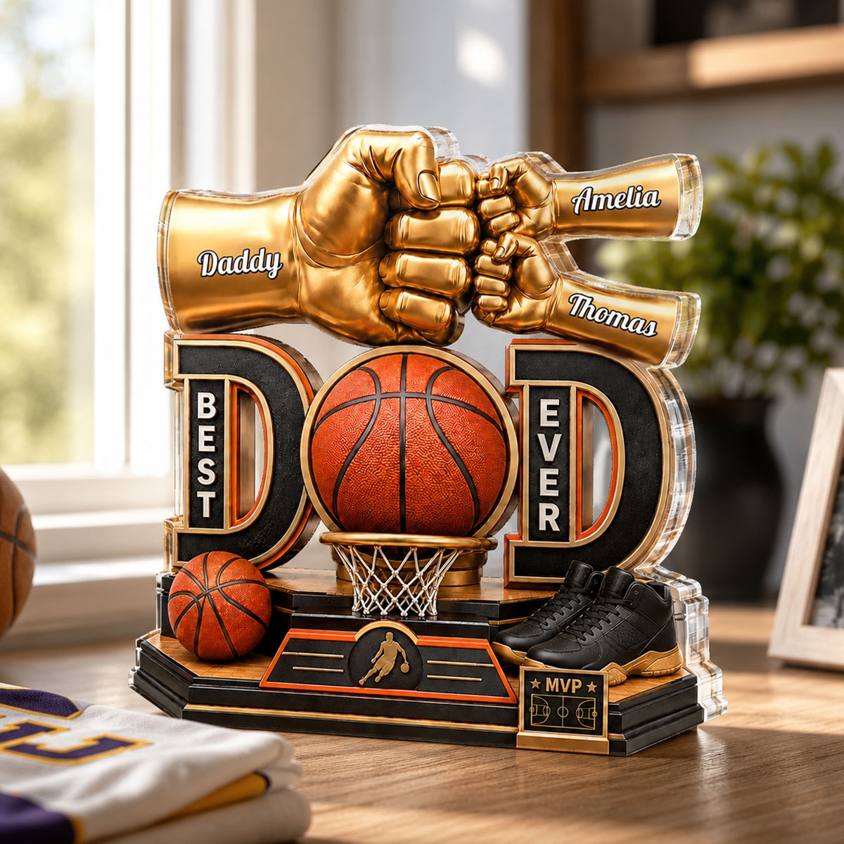 Basketball Dad & Kids Fist Bump - Personalized Acrylic Block Plaque - Gift For Dad, Husband