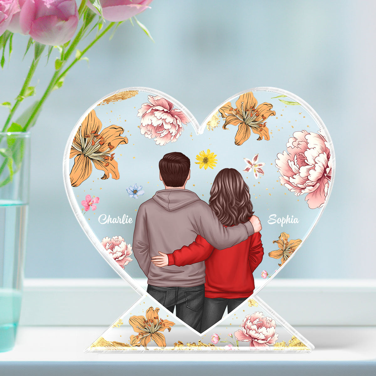 Couple Hugging Back View Birth Month Flower Personalized Acrylic Heart Block Plaque, Heartfelt 2025 Gift, Anniversary Gift For Girlfriend, For Wife