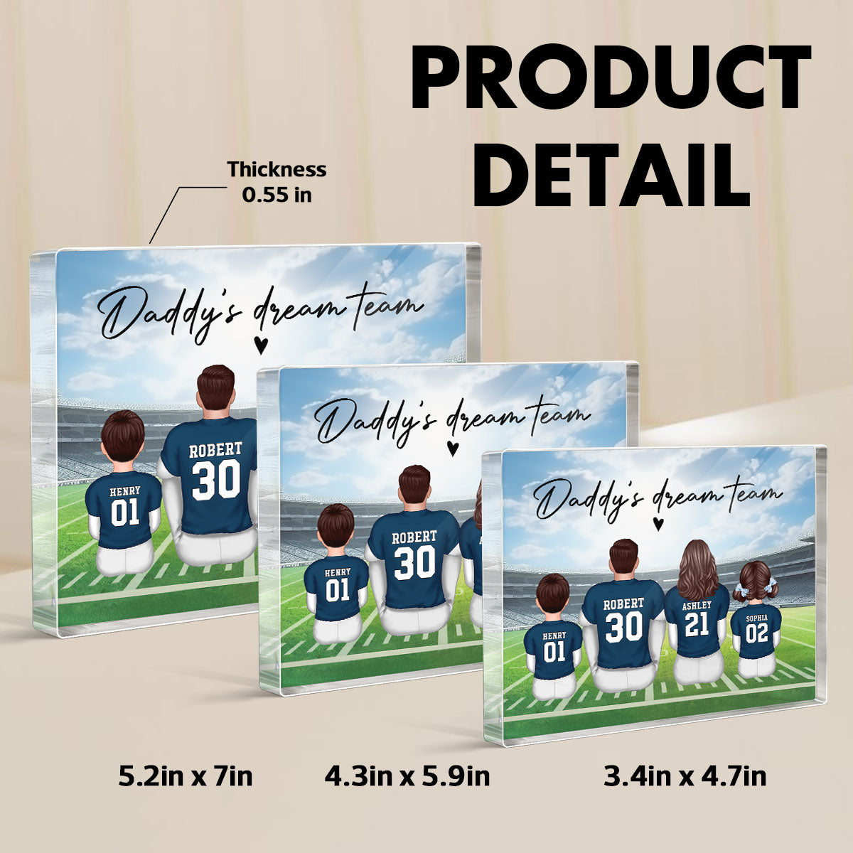 Daddy's Team Football Family Sitting Back View Personalized Acrylic Block, Gift