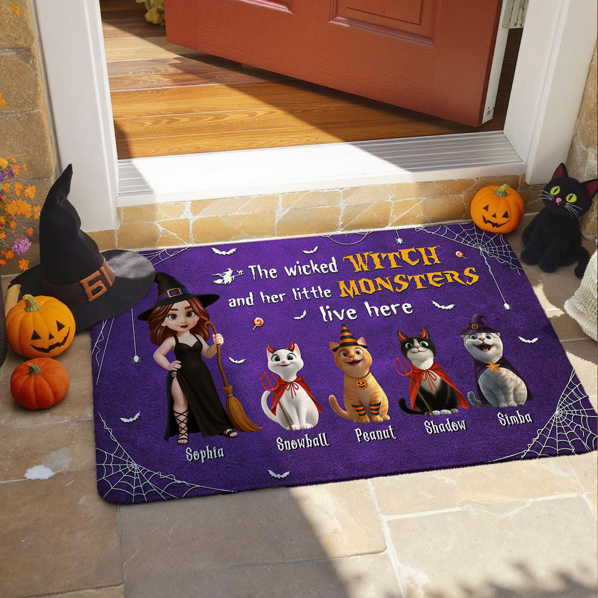 Halloween Wicked Witch & Little Monsters Cartoon Cats Personalized Doormat, Halloween Decor For Cat Lovers