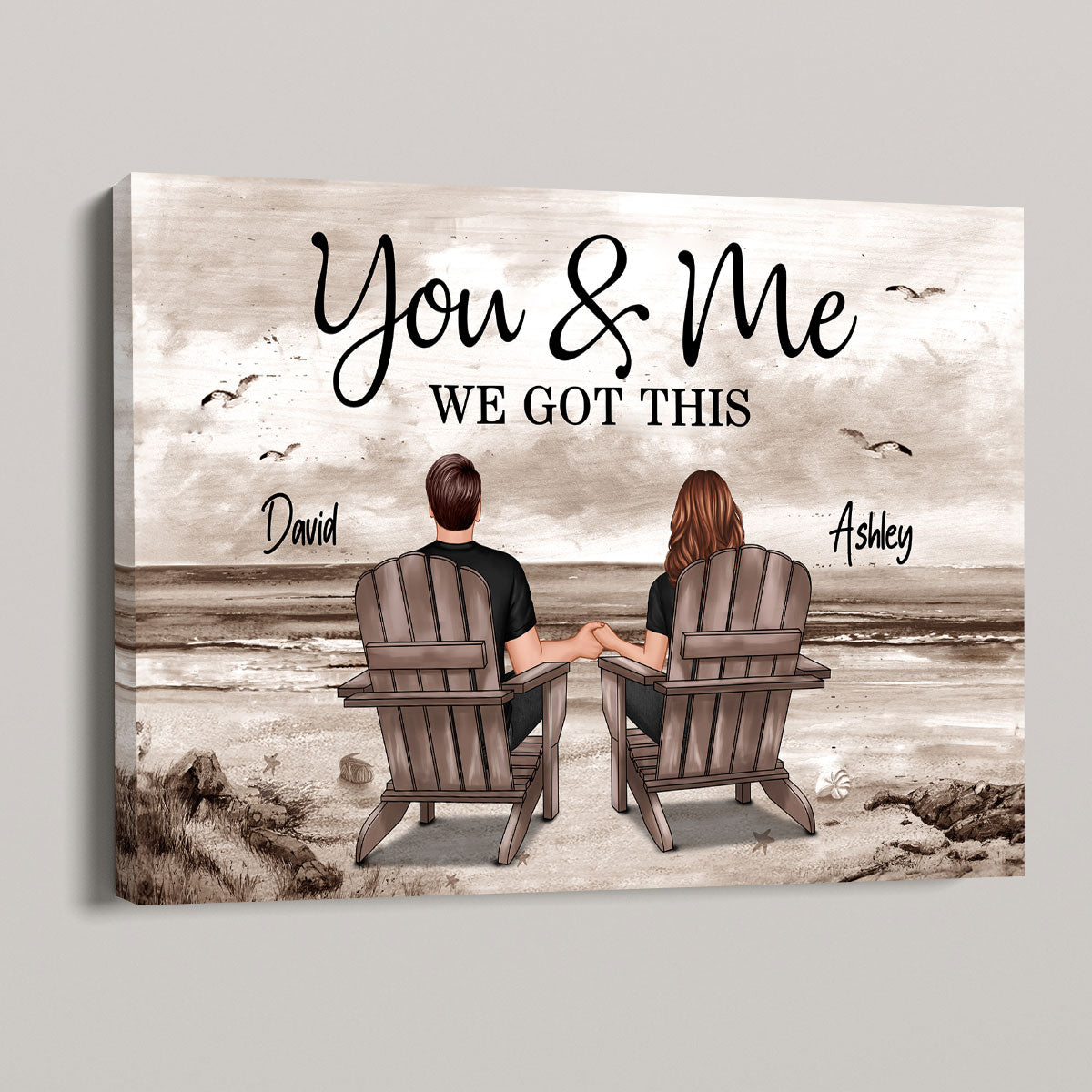 Retro Vintage Back View Couple Sitting Beach Landscape Personalized Canvas, Anniversary Gift For Couple, Husband, Wife, Dad, Mom