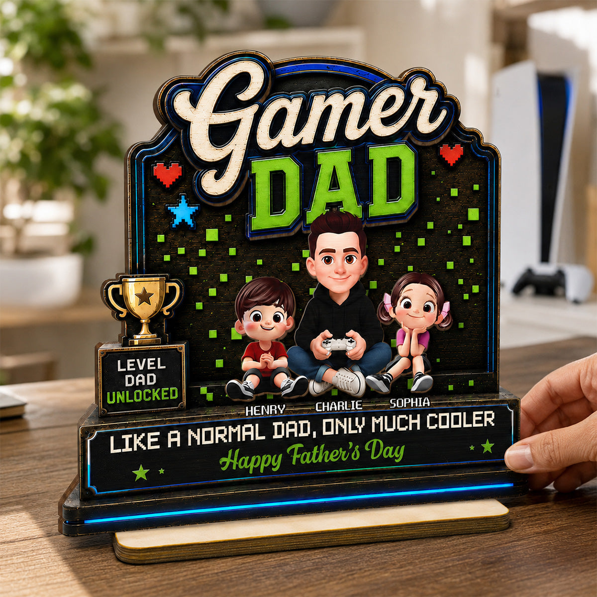 Gamer Dad & Kids - Personalized 2-Layered Wooden Plaque - Gift For Gamer Dad