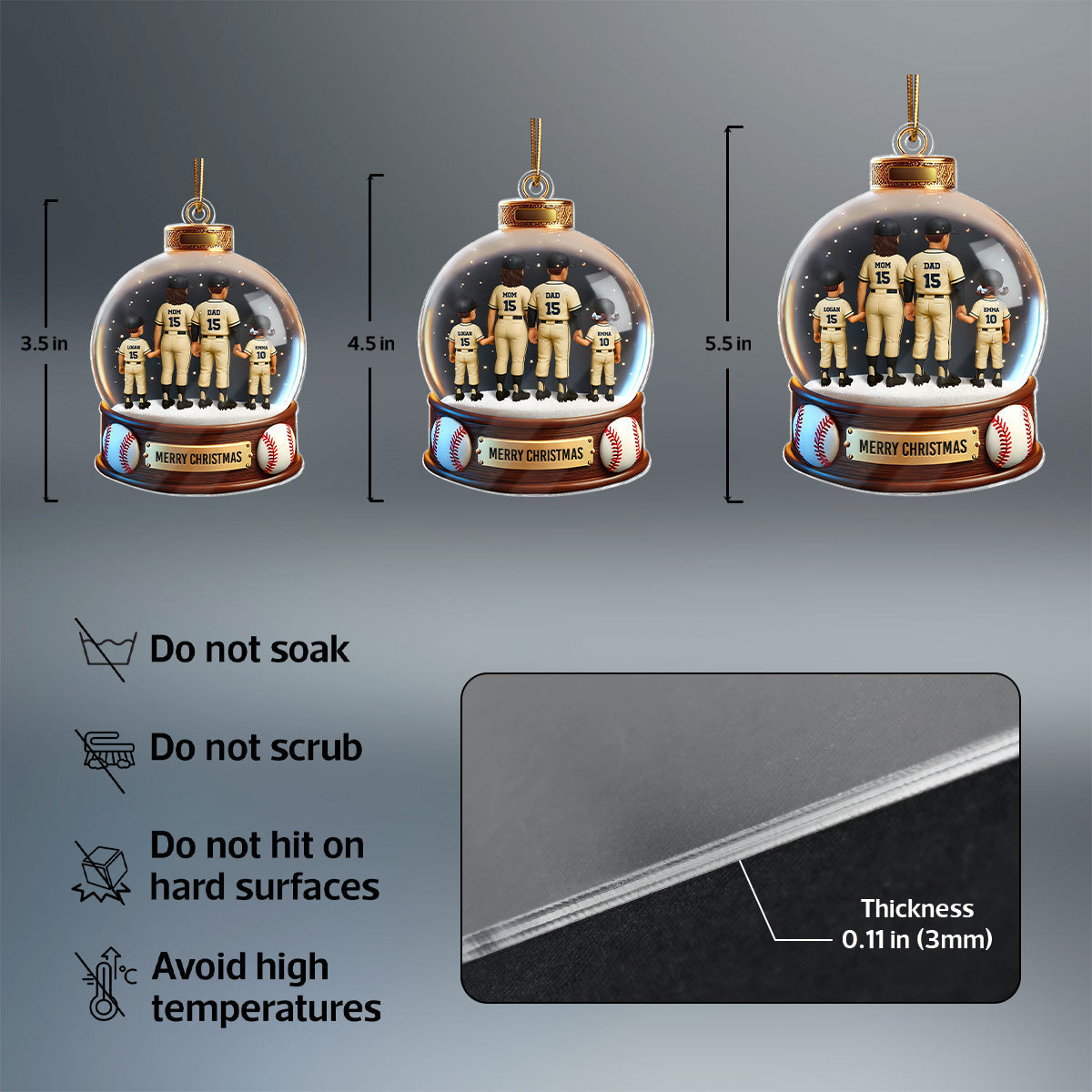 Baseball Family Sport Lover 3D Effect Personalized 2D Flat Acrylic Ornament