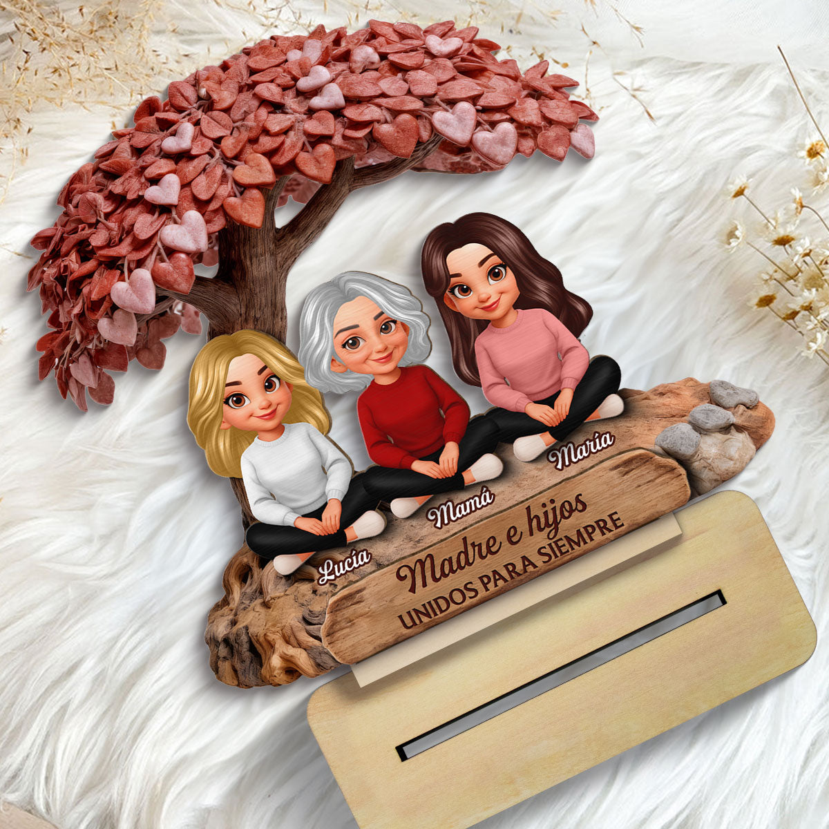 Mam y Hija Hijo Bajo el rbol del Corazn - Placa de Madera Personalizada de 2 Capas - Regalo para Mam
