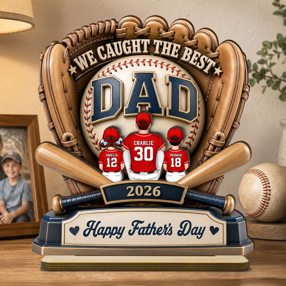 Dad's Greatest Catch Baseball - Personalized 2-Layered Wooden Plaque - Gift For Dad, Husband
