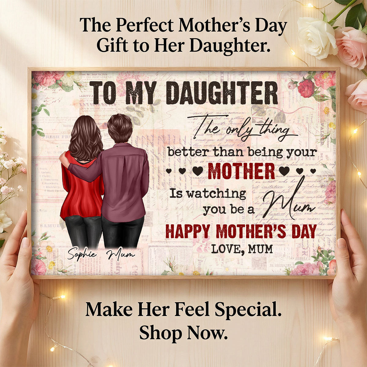 To My Daughter From Mum Vintage Floral Newspaper - Personalised Poster - UK Mother's Day