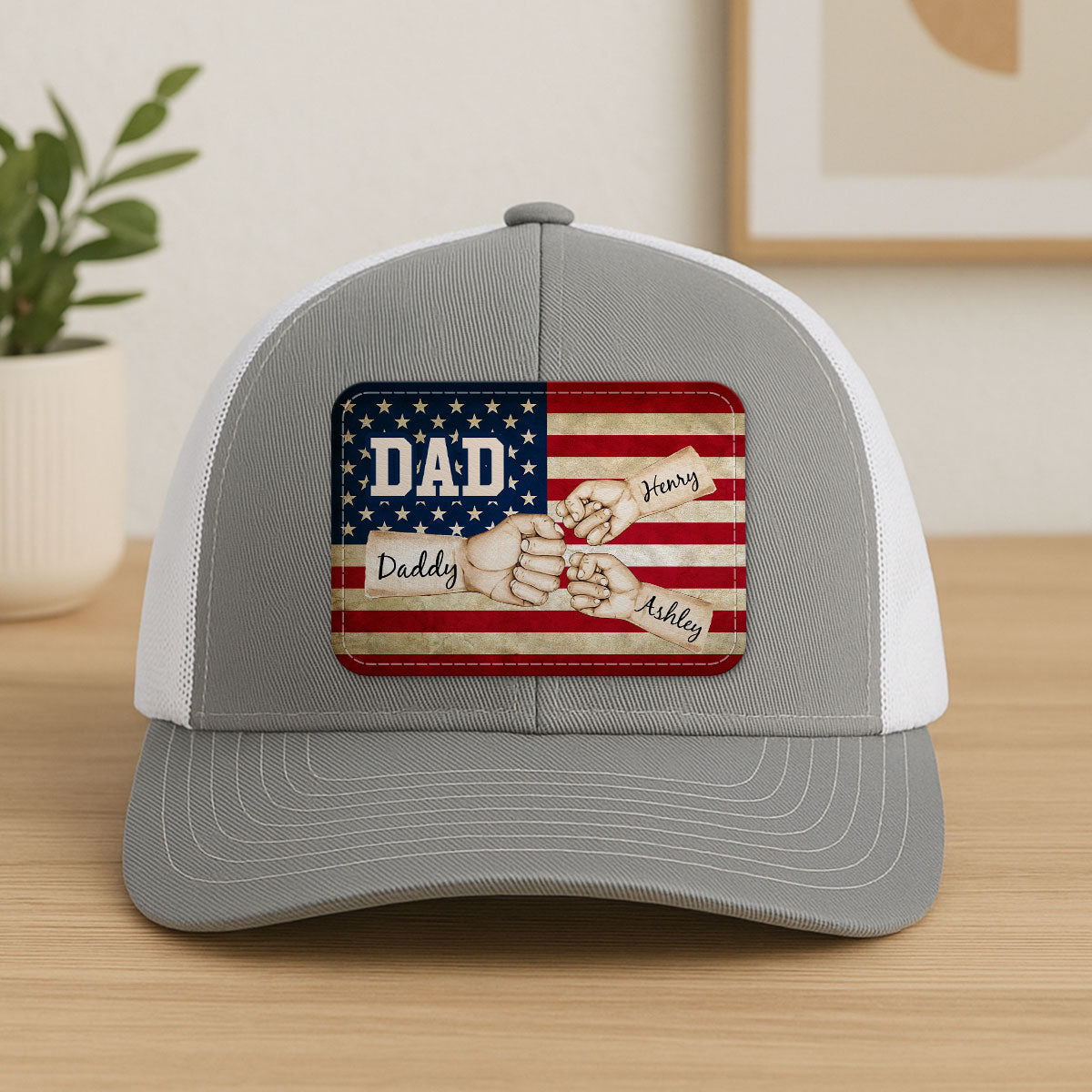 Dad Grandpa Papa Fist Bumps Nation Flag Personalized Leather Patch Hat