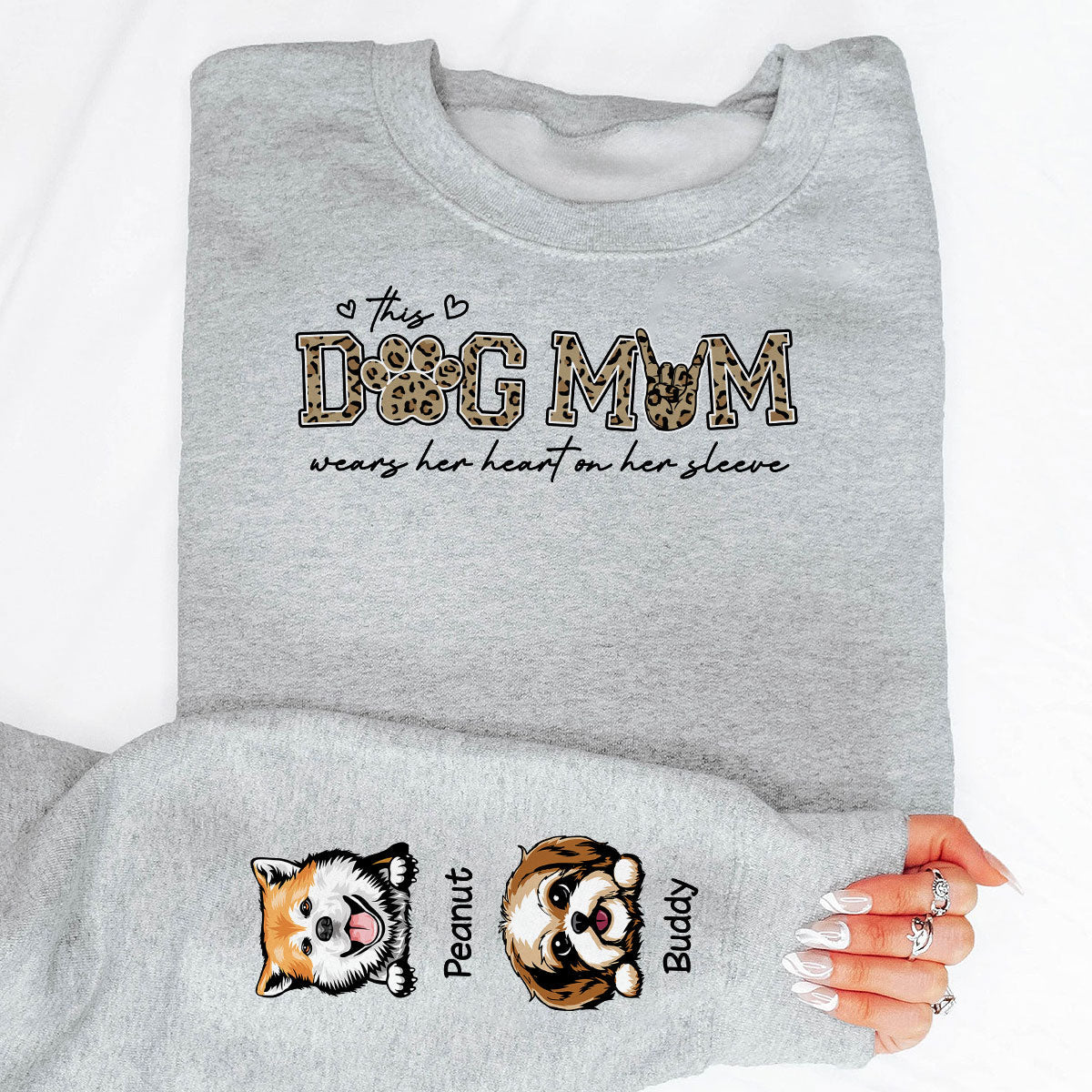 This Dog Mom Wears Her Heart On Her Sleeve, Leopard Pattern, Peeking Dog, Gift For Dog Mom, Fur Mama, Personalized Sleeve Printed Sweatshirt