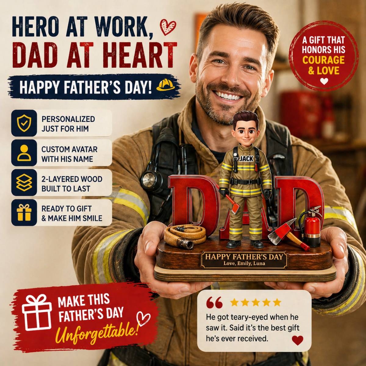 Proud American Firefighter Dad - Personalized 2-Layered Wooden Plaque - Gift For Dad