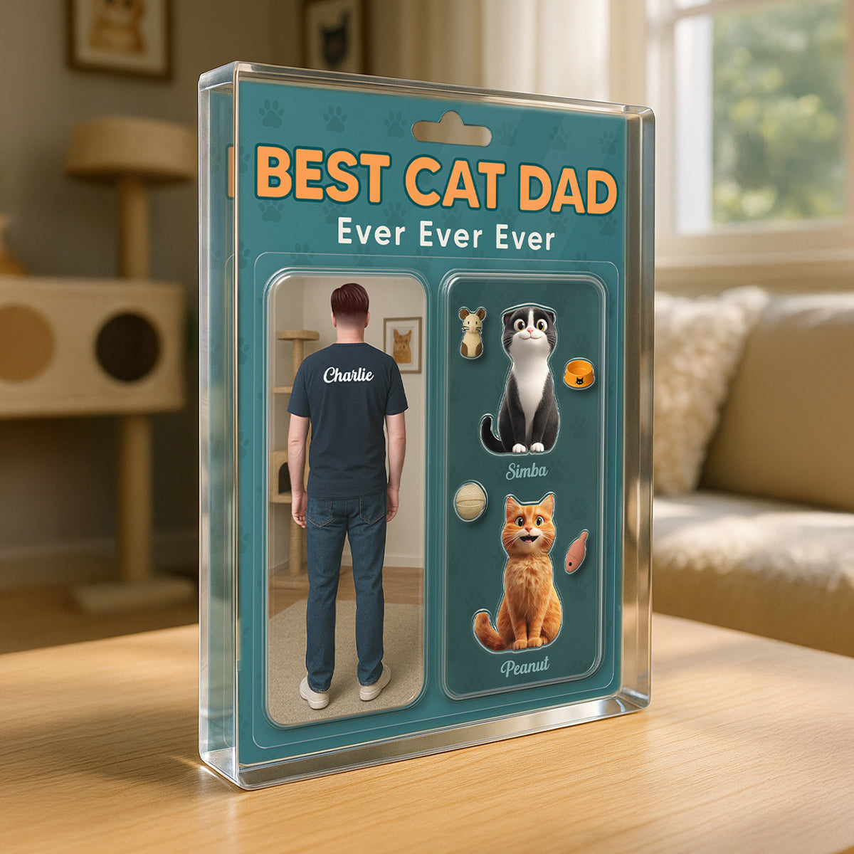 Cat Dad Realistic Figures Style Personalized Acrylic Block Plaque, Gift for Cat Lover