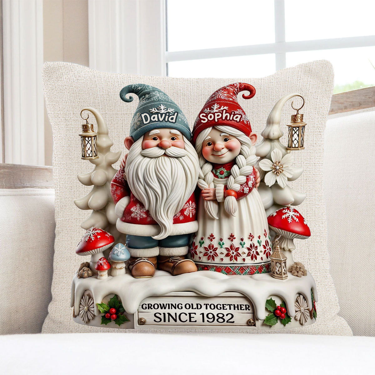 3D Effect Gnome Couple Together Personalized Pillow, Heartfelt Gift For Couple, For Him, For Her, Husband, Wife