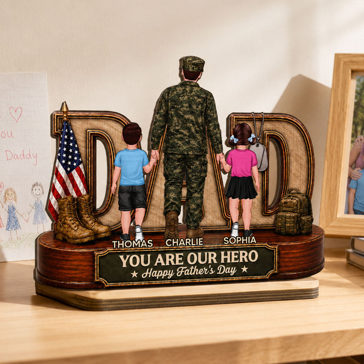 Proud American Army Dad You Are Our Hero - Personalized 2-Layered Wooden Plaque - Gift For Dad, Husband