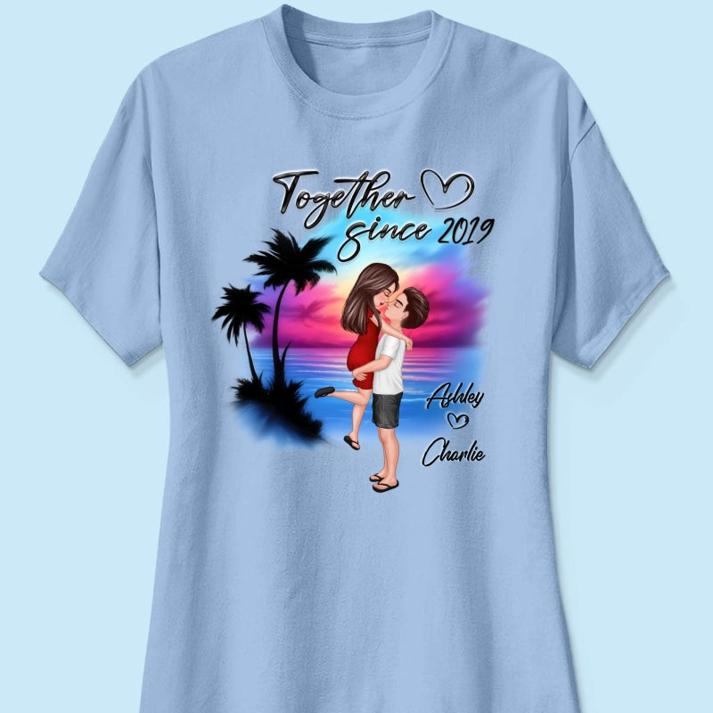 Couple Hugging Kissing Airbrushed Beach Scene Personalized Shirt
