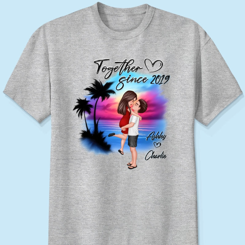 Couple Hugging Kissing Airbrushed Beach Scene Personalized Shirt