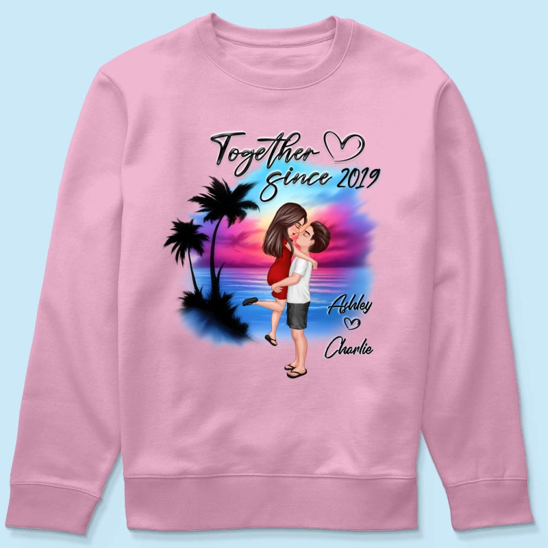 Couple Hugging Kissing Airbrushed Beach Scene Personalized Shirt