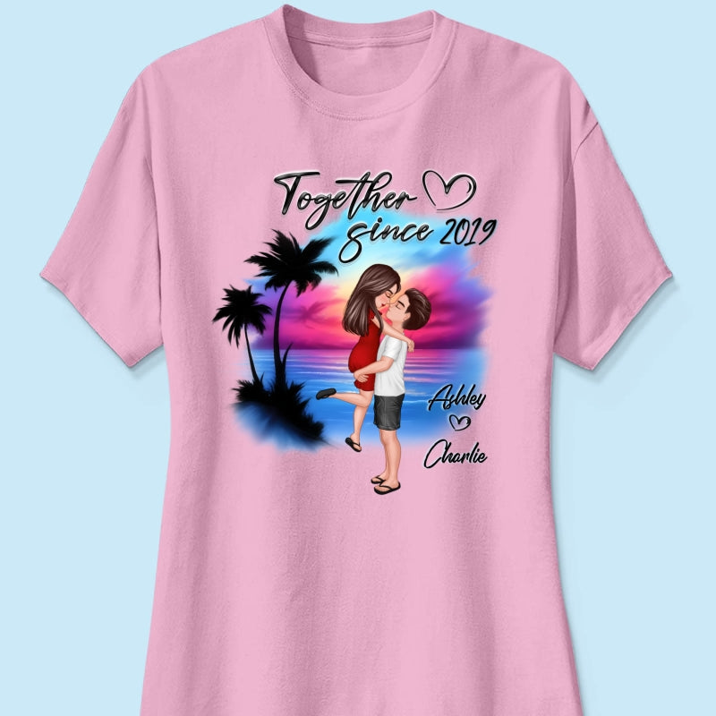 Couple Hugging Kissing Airbrushed Beach Scene Personalized Shirt