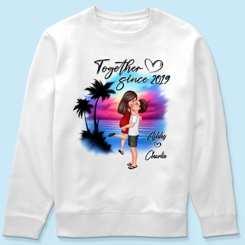 Couple Hugging Kissing Airbrushed Beach Scene Personalized Shirt