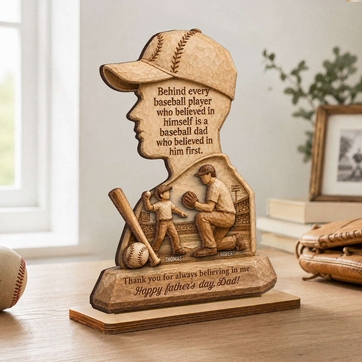 Behind Every Baseball Player is a Baseball Dad - Personalized 2-Layered Wooden Plaque - Gift for Dad, Husband