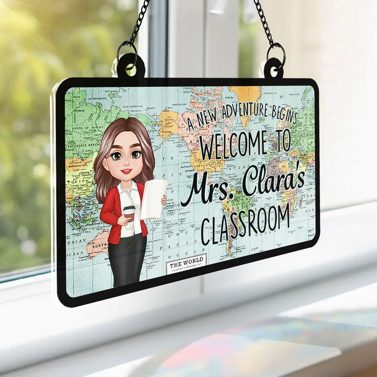 World Map Adventure Themed Welcome To Classroom Personalized Acrylic Suncatcher, Back To School, Classroom Decor