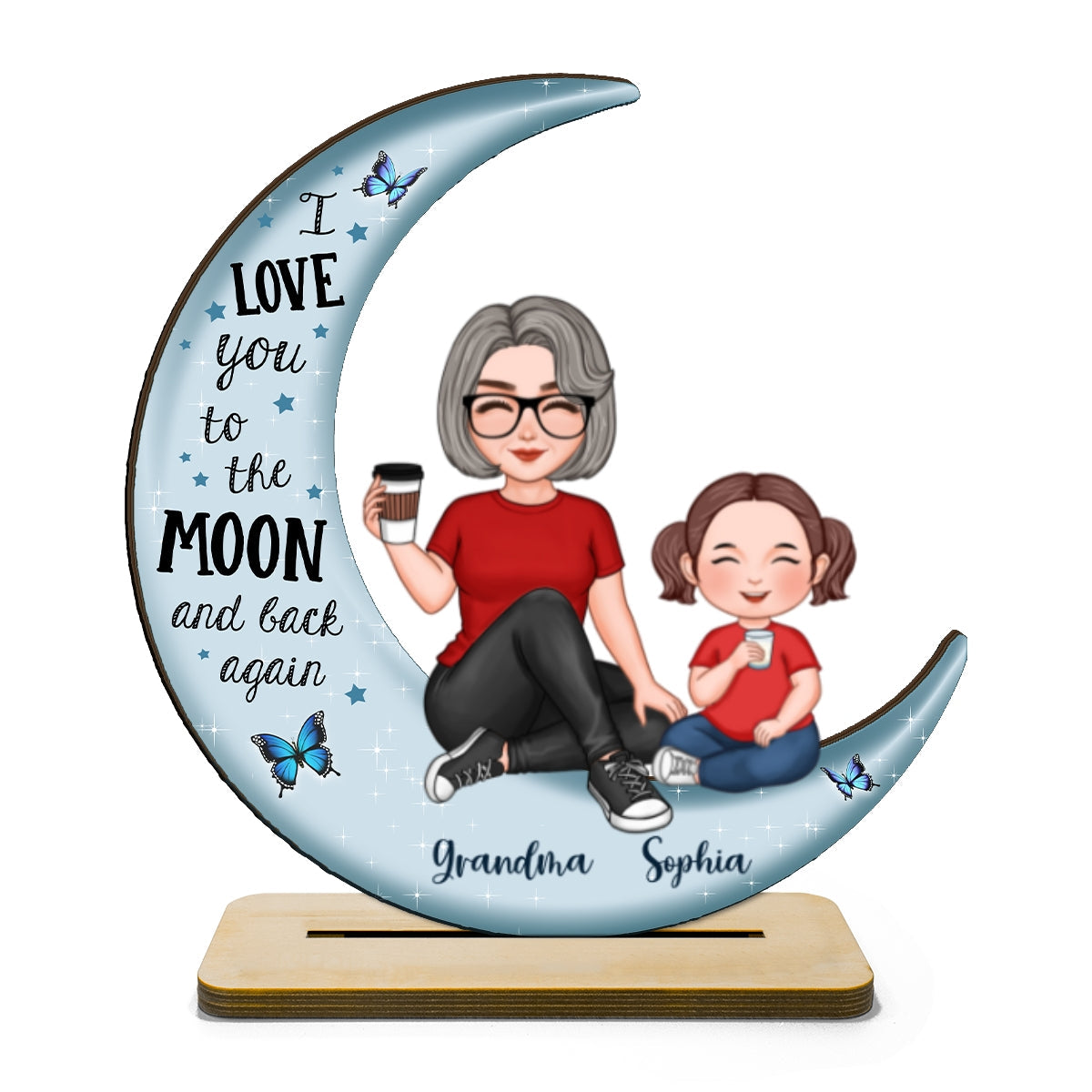 Cute Grandma & Grandkid On Moon Gift For Grandma Gift For Granddaughter Grandson Grandchildren Personalized Standing Wooden Plaque