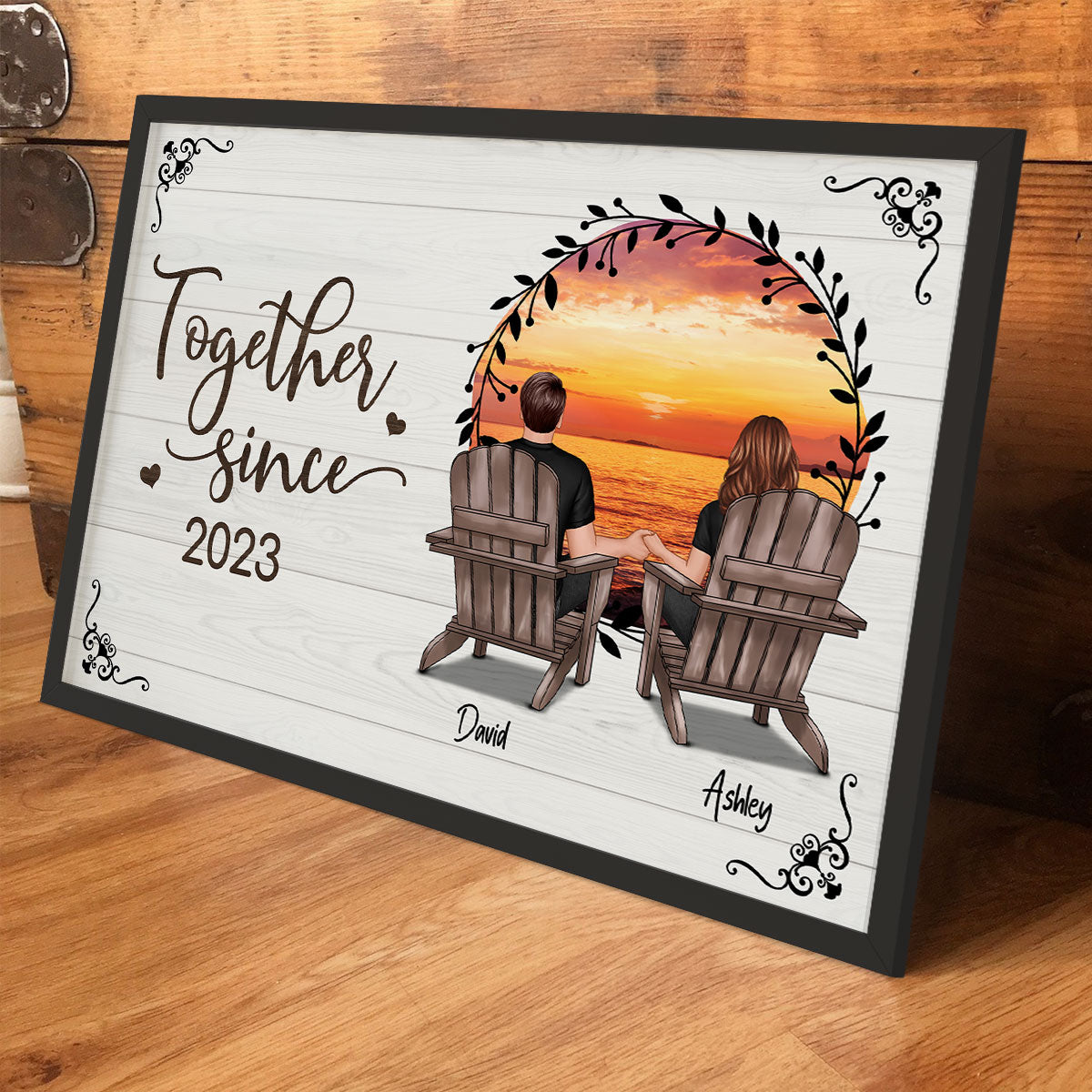 Retro Wreath Couple Beach Landscape Vintage Personalized Poster, Heartfelt 2025 Gift, Anniversary Gift For Couple, Husband, Wife, Dad, Mom
