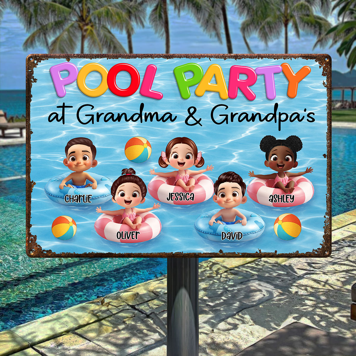 Pool Party At Grandma Grandpa Personalized Metal Sign, Grandchildren Welcome Sign