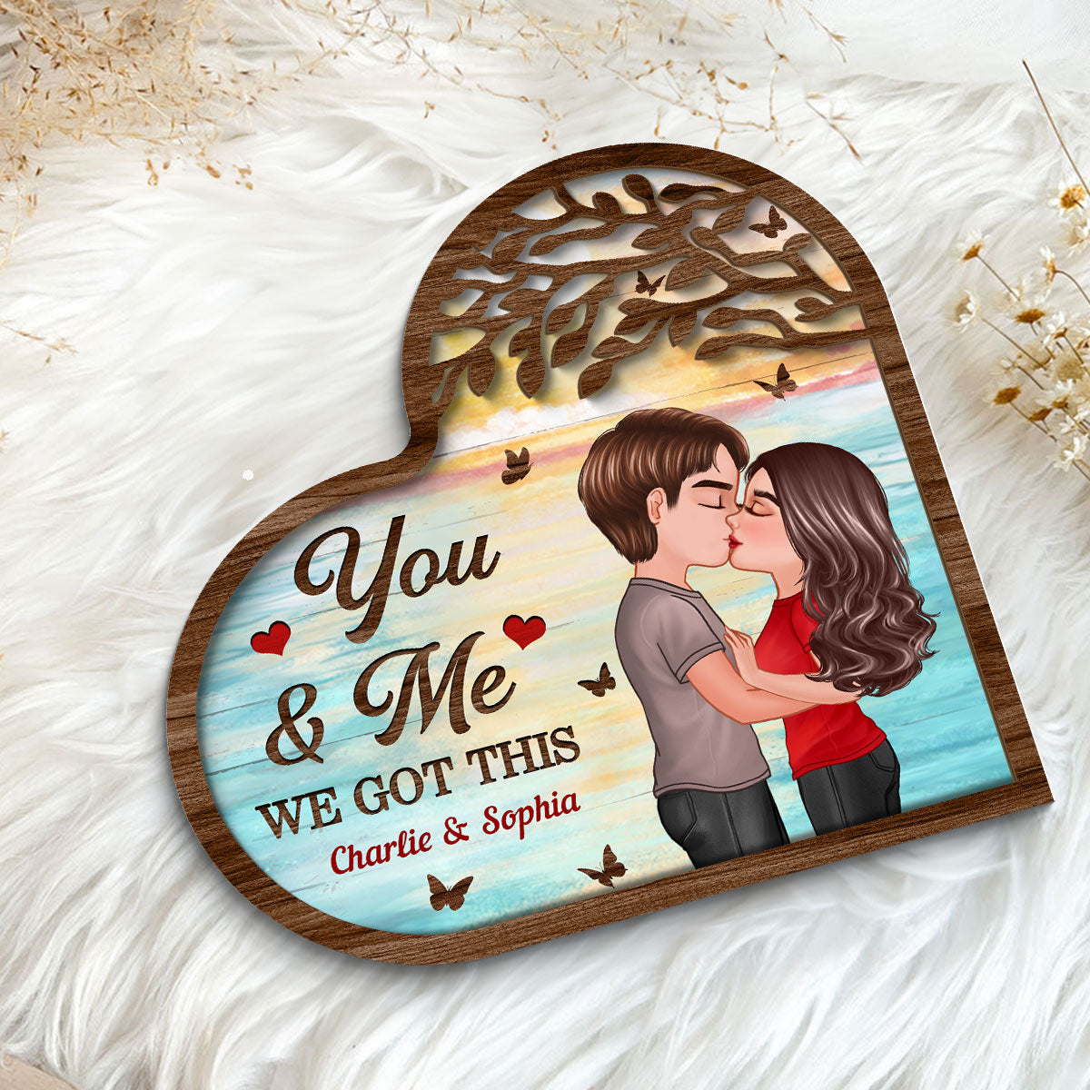 Couple Kissing Under Tree Heart Shaped Gift For Him For Her Personalized 2-Layer Wooden Plaque