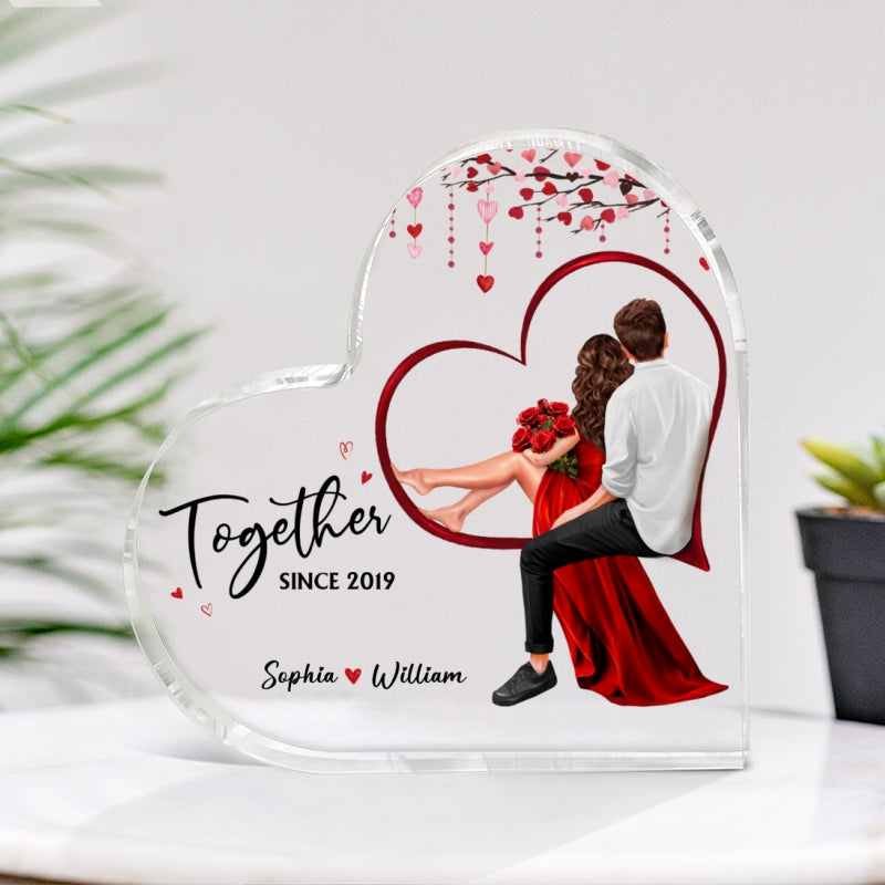 Embracing Couples Sitting On Heart Personalized Acrylic Heart Plaque, Gift, Anniversary Gift for Couples